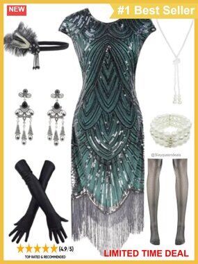Vintage Lace Fringed Sequin Flapper Cocktail Dress 20s Accessories Set